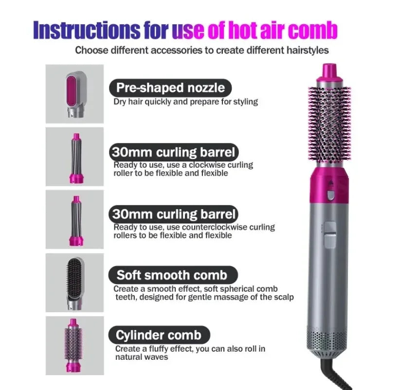 Generic 5 In 1 Hot Air Brush Hair Curler Set - Grey
