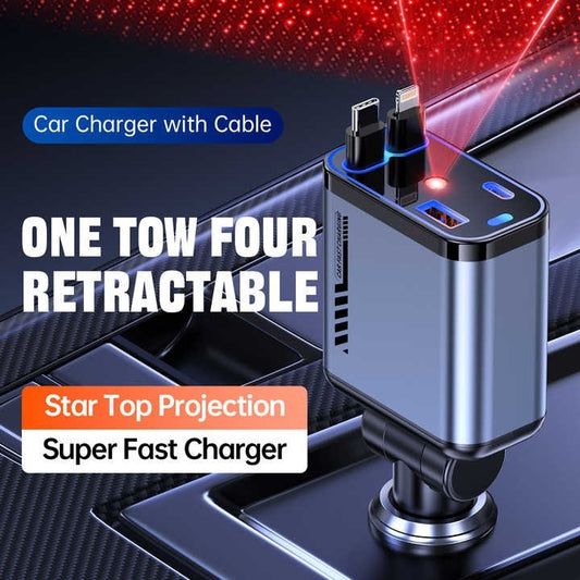 4-in-1 Starry Sky Car Charger with Retractable Cable & 2 Ports