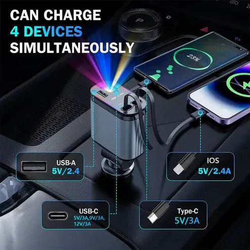 4-in-1 Starry Sky Car Charger with Retractable Cable & 2 Ports