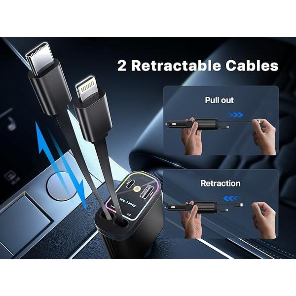 4-in-1 Starry Sky Car Charger with Retractable Cable & 2 Ports